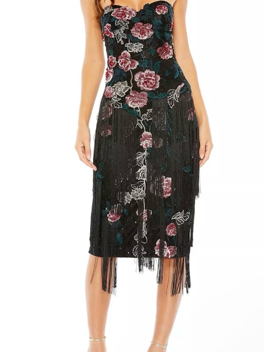 🌹Mac Duggal Black Floral Fringe Midi Dress
